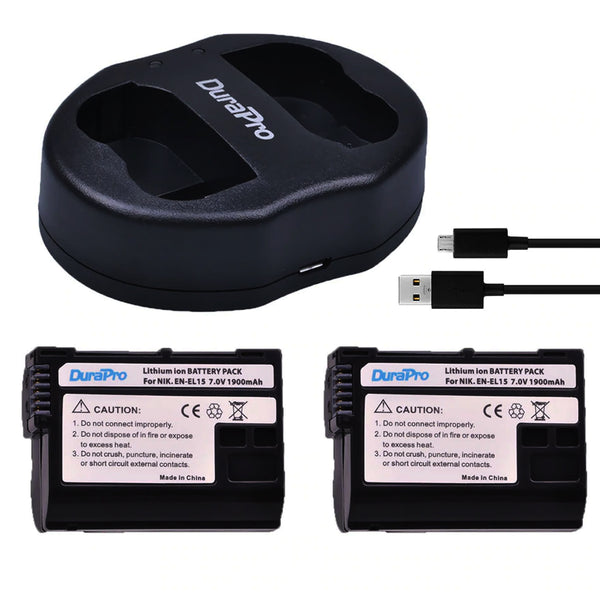 DuraPro 2Pcs Nikon EN-EL15 Battery and Dual USB Charger  for Nikon D7100, D750, D7000, D7200, D810, D610, D800, D600, D800e