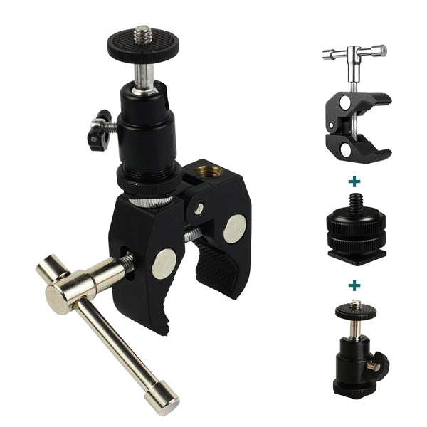 3 in 1 Crab Clamp + Ballhead + Camera Tripod Mount Adapter with 1/4 and 3/8 inch Thread Rod Clamp for Photography, Light Stand, Monitor, etc.