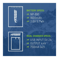 Wasabi Power Battery for Sony NP-BX1, NP-BX1/M8 (2-PACK) and DUAL CHARGER BX1 NPBX1